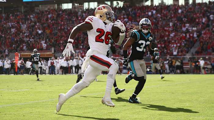 Tevin Coleman had four total touchdowns in the 49ers' lopsided win over the Panthers in Week 8.